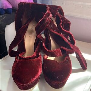 Shoe Dazzle Red Velvet Heels with Ankle Straps